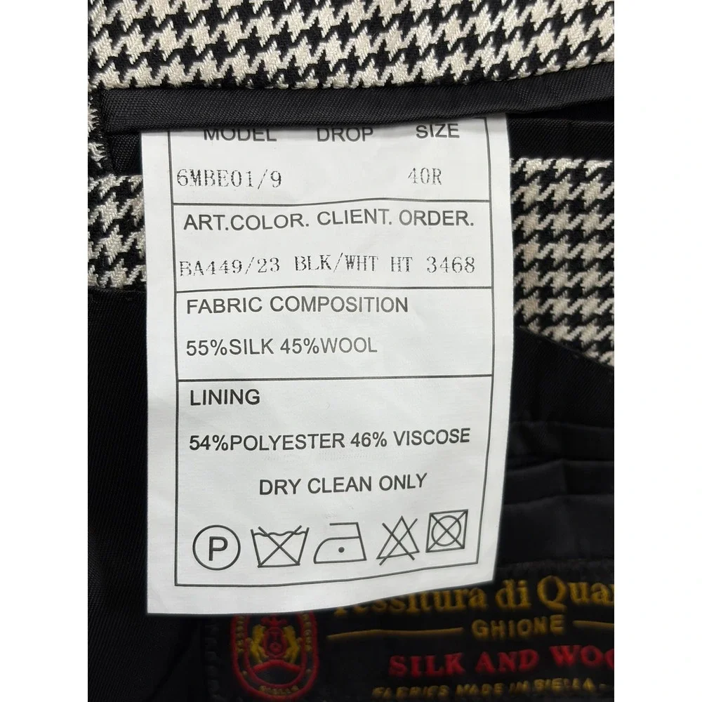 Baroni Couture Mens Silk Italian Wool Houndstooth Sport Coat Blazer 40R Black